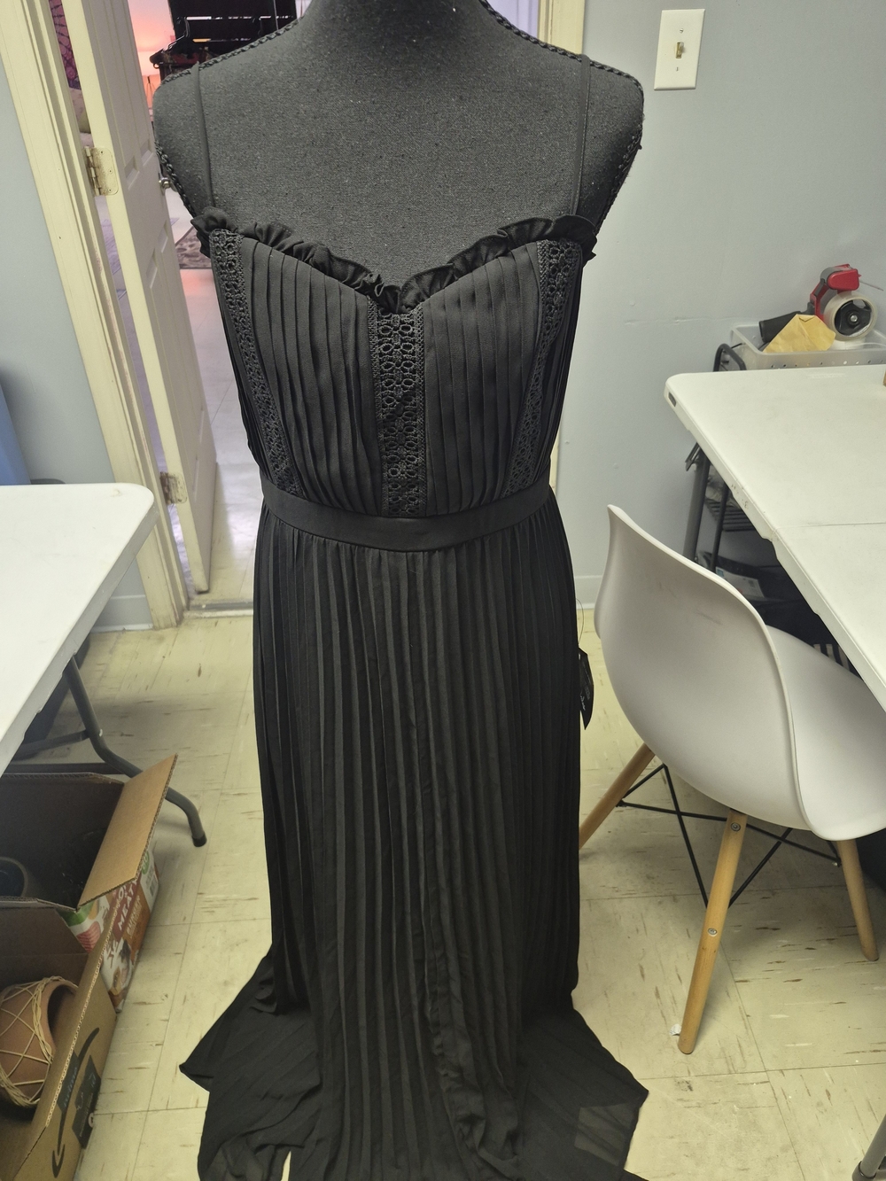 Lulu's Black Pleated Maxi Dress with Lace Trim